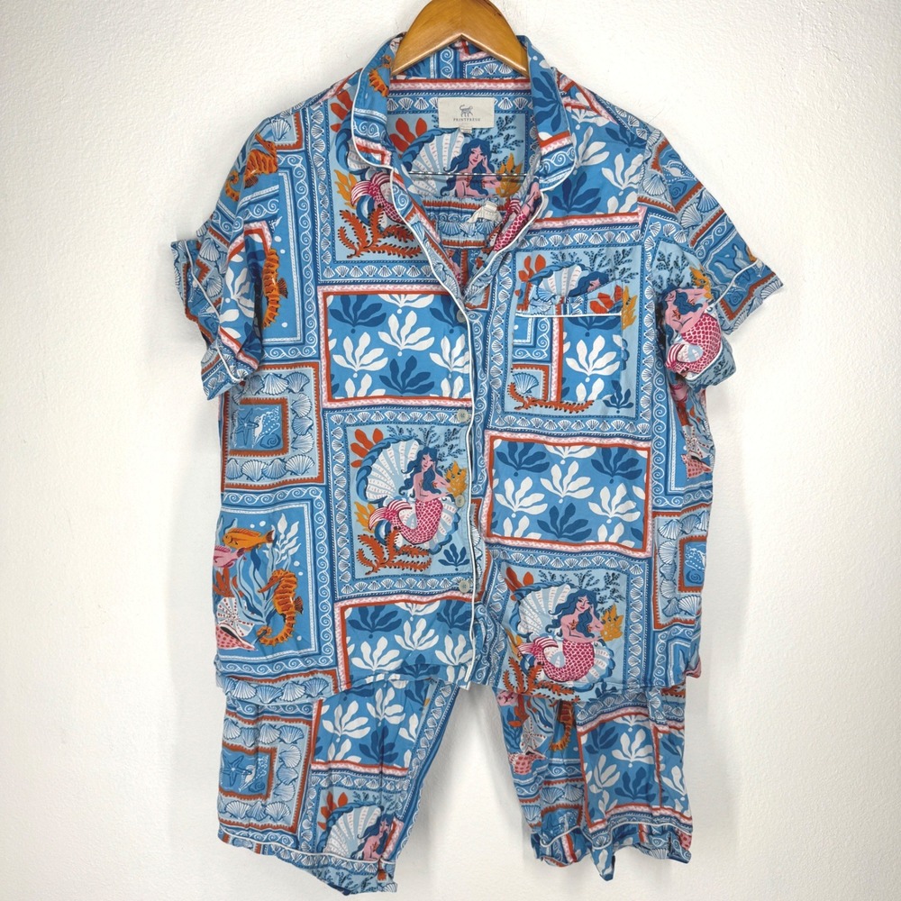 Printfresh Mermaid Pajama Set Blue Organic Cotton Short Sleeve Crop Pants X